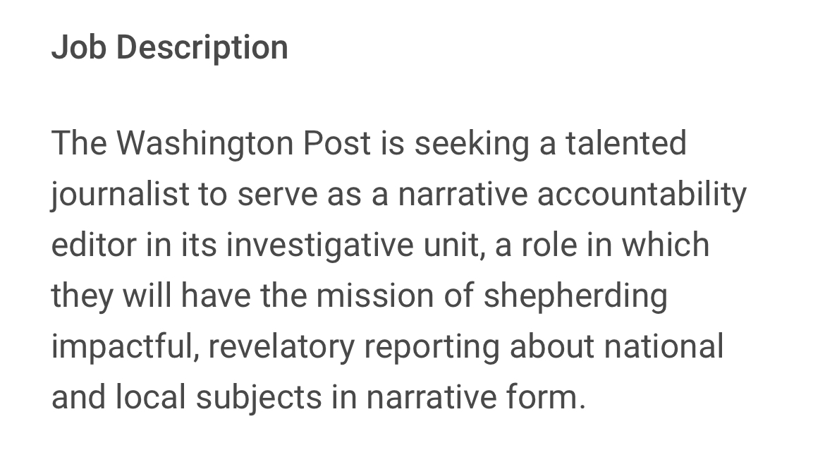 Really cool job: The Washington Post is starting a narrative investigations team. Storytelling and accountability reporting do not have to be kept separate! washpost.wd5.myworkdayjobs.com/washingtonpost…