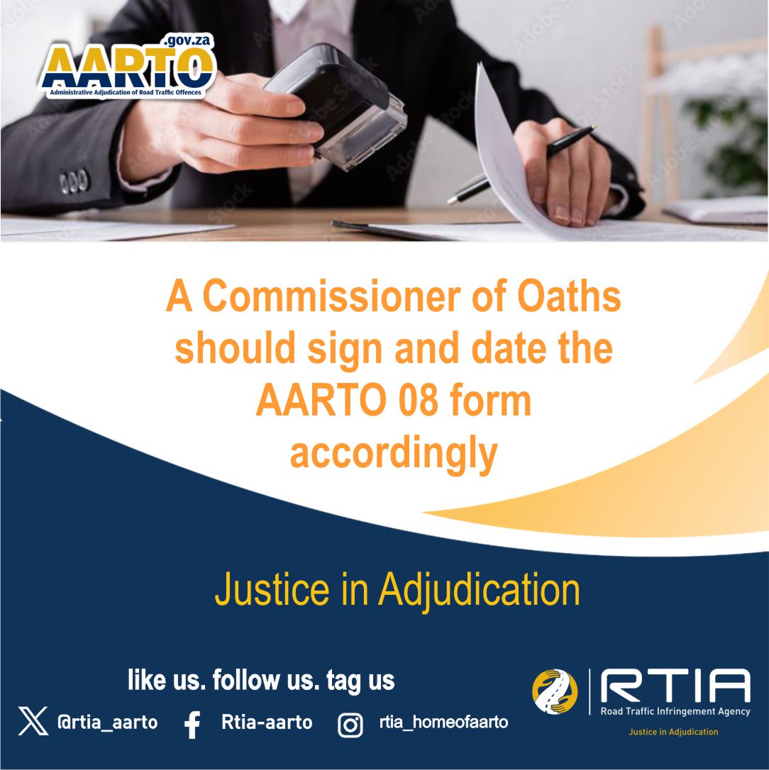 Important reminder for all motorists: make sure the Commissioner of Oaths signs and dates your AARTO 08 form correctly. Remember, the South African Police Services (SAPS) offer free Commissioning Services 24/7. #AARTOEducation #CommissionerOfOaths