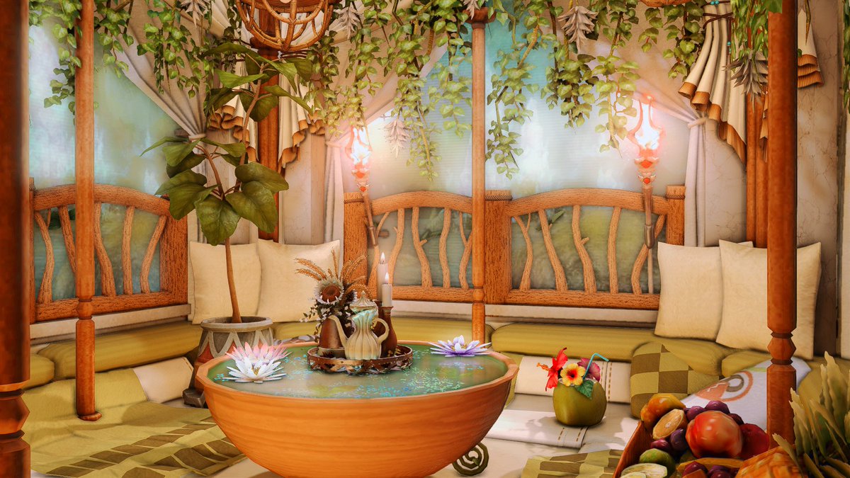 AndaKorrado's tweet photo. In preparation for Dawntrail, my apartment received a makeover inspired by the Age of Exploration and private bungalows in the Amazon Rainforest. Open for visitors on Zodiark, Lavender Beds, 8th Ward, Room 36! #ffxiv #ff14 #ff14ハウジング #ffxivhousing #hgxiv #housingeden https://t.co/5IIrXEIyNi