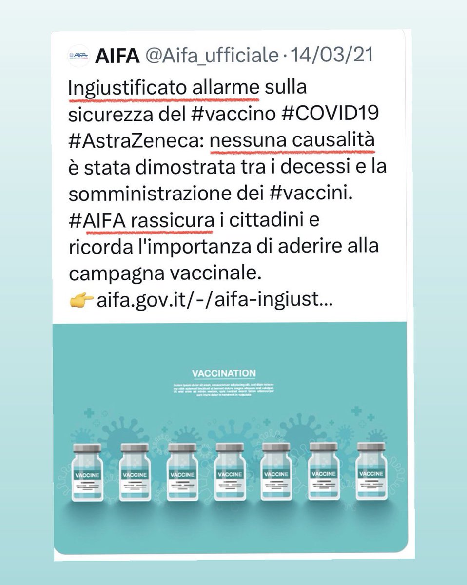 “Ingiustificato allarme”, “nessuna causalità”, “AIFA rassicura”. 
Provate a ricostruire la fiducia della gente, se ci riuscite.