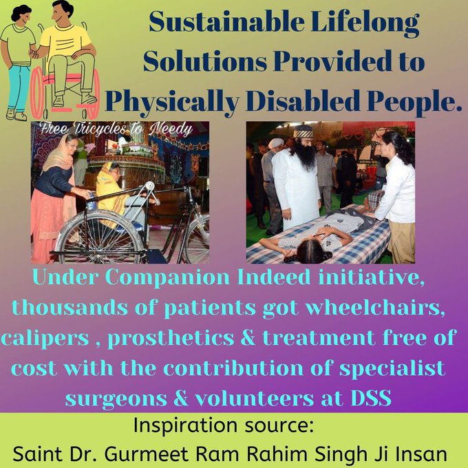 सच्चा सौदा द्वारा Saint  Dr Gurmeet Ram Rahim Singh Jiके मार्गदर्शन में चलाए जा रहें 157 मानवता भलाई के कार्यों में से एक मुहिम,'साथी मुहिम' ने अनेकों शारीरिक रूप से अक्षम लोगों को स्वतंत्र व सम्मानित रूप से जीवन जीने में मदद की हैं
#CompanionInNeed
#साथी_मुहिम
#helpinghan