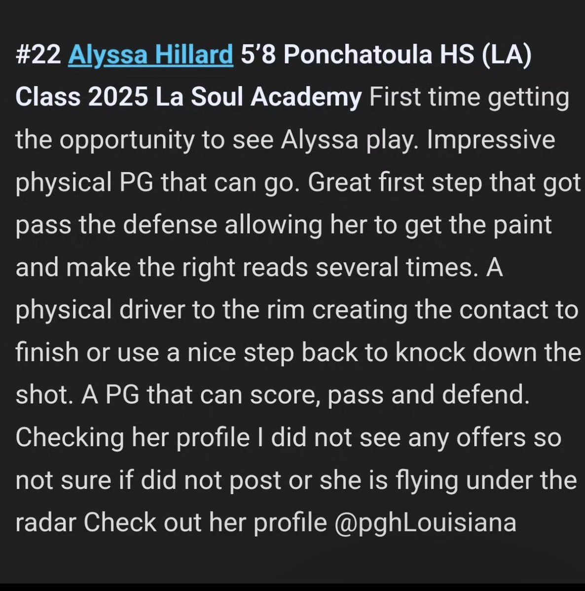 Don’t sleep on Alyssa Hillard (@__alyssa22_ ), mark my words, she’s going to be a great player on the next level. She has the intangibles and tangibles you want in a player. If you don’t believe me go watch her film and her stats. It speaks for itself. #HiddenGem #BeGreat