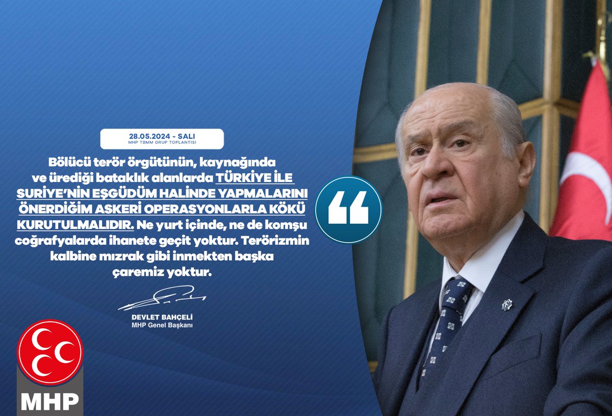 Bölücü terör örgütünün, kaynağında ve ürediği bataklık alanlarda Türkiye ile Suriye’nin eşgüdüm halinde yapmalarını önerdiğim askeri operasyonlarla kökü kurutulmalıdır. Ne yurt içinde, ne de komşu coğrafyalarda ihanete geçit yoktur. Terörizmin kalbine mızrak gibi inmekten başka