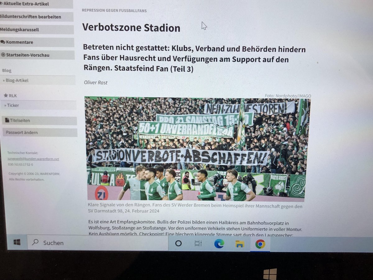 #StaatsfeindFan: Teil 3 meiner @jungewelt-Serie - diesmal: 'Verbotszone Stadion', also zu Ausschlüssen aus der Arena durch Vereine o Verbände, zu behördlichen Bereichsbetretungsverboten in der Stadt und zu Polizei-Kesseln vor Bahnhöfen oder beim Corteo. Ab 19.35 Uhr online. (1/2)