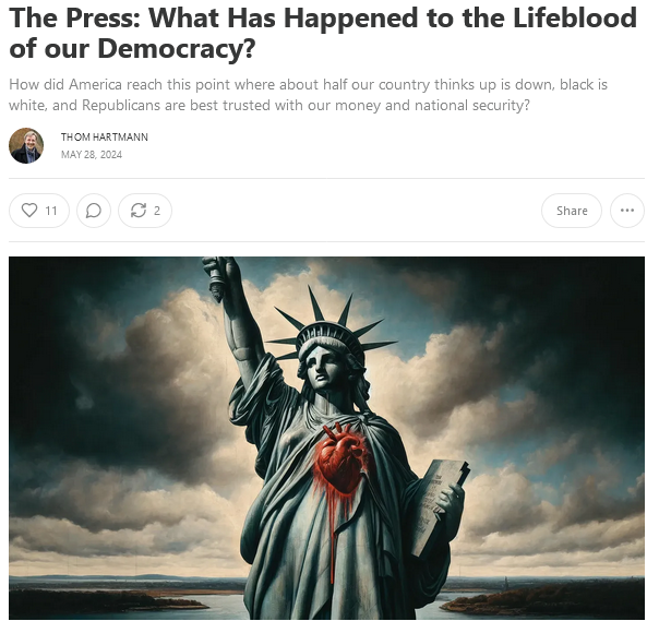ActionDemocrat's tweet photo. The Press: What Has Happened to the Lifeblood of our Democracy? #MSMFails
Almost half of Americans get all or most of their news from social media, which is dominated by two rightwing billionaires and the Chinese Communist Party, all of them apparently fans of Trump and his dreamed-of autocracy.
The rest of us get our news from radio, TV, cable, and other online sources, again dominated by billionaire interests who put keeping their tax rates low above threats to our democratic system of government.
#ResistanceUnited #wtpBLUE #DemCast #ProudBlue @potus @dc @HouseDemocrats @SenateDems
https://t.co/WKb4e2hy5t