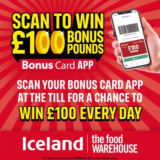 icelandrichard's tweet photo. I’m proud to announce the launch Scan to Win. Every day a customer wins £100, and all they need do is scan their Bonus Card app when they make a purchase in store. Even better, the colleague that served them wins £50! A great initiative to reward customers and staff. https://t.co/NMCiJT9V3r