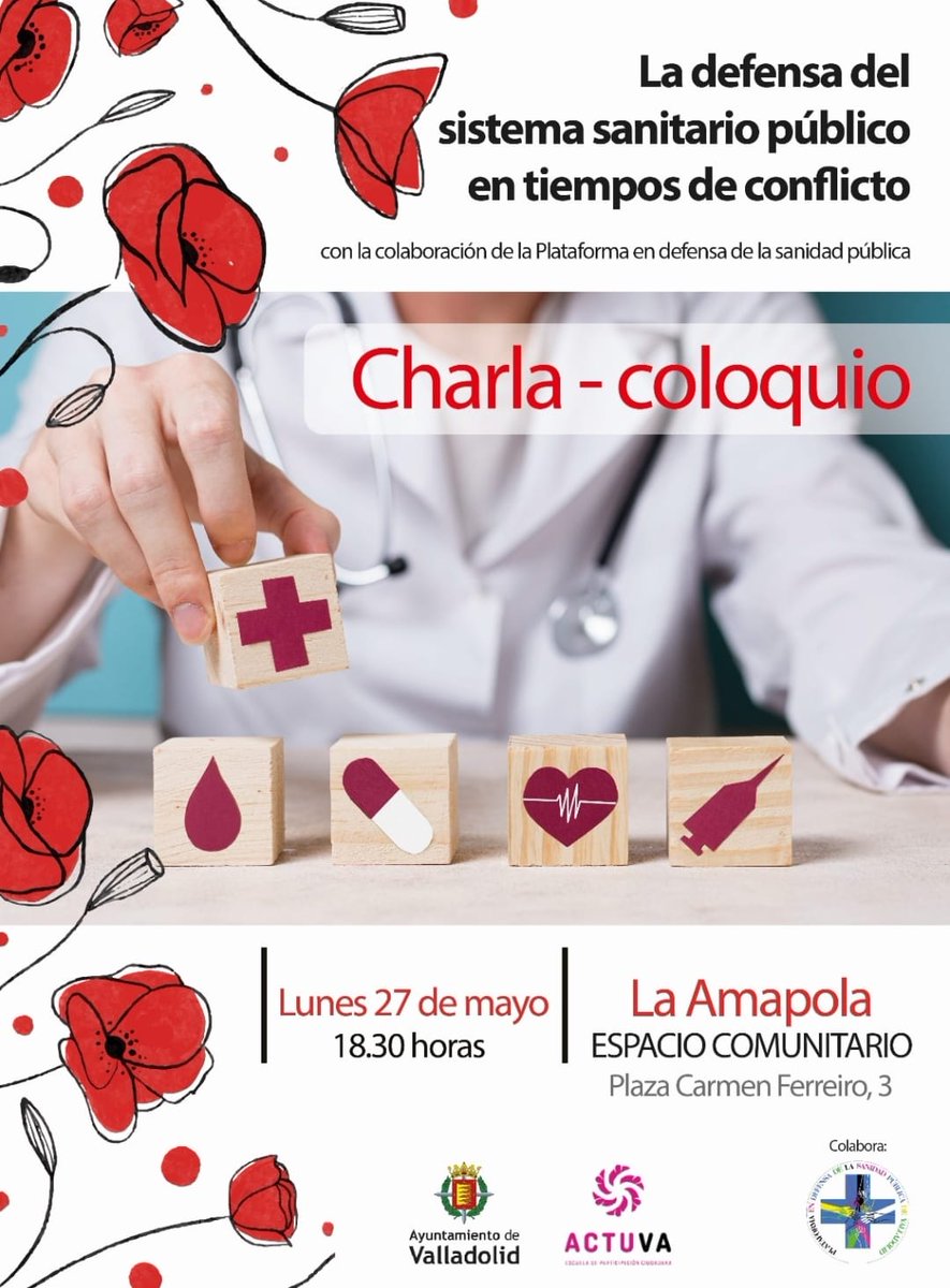 Ayer, 28/5/24. Espacio comunitario La Amapola,  barrio de San Pedro, VA, la Plataforma en Defensa de la Sanidad Pública de Valladolid, impartió una charla informativa sobre la defensa del sistema sanitario público en tiempos de conflicto. Lleno total y mucha participación.