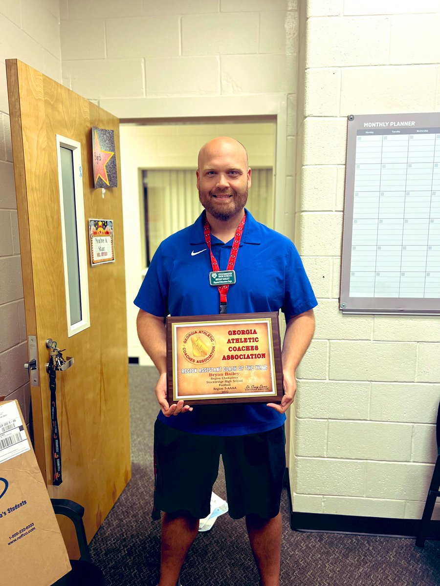 Bryan Bailey received his 5-AAAA Assistant Coach of the Year plaque today ! Congratulations ! We will miss you Coach Bailey ! @SHS_HCS @StockbridgeFoo2