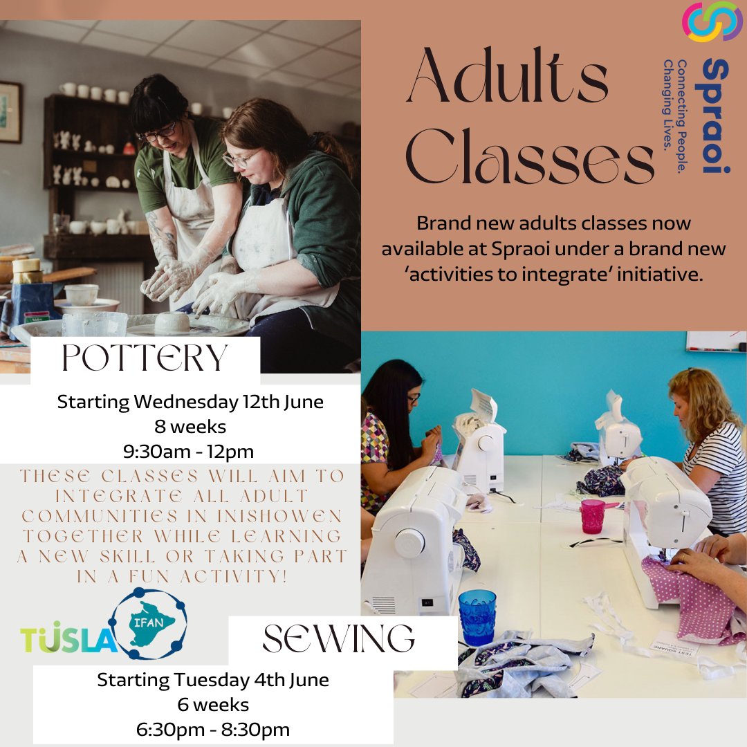 Only a limited number of places available for our two new adults classes starting in June! 🖌️ To book Pottery: spraoi-agus-sport.classforkids.io/info/5199 🪡 To book Sewing: spraoi-agus-sport.classforkids.io/info/5180 #CommunityBuilding