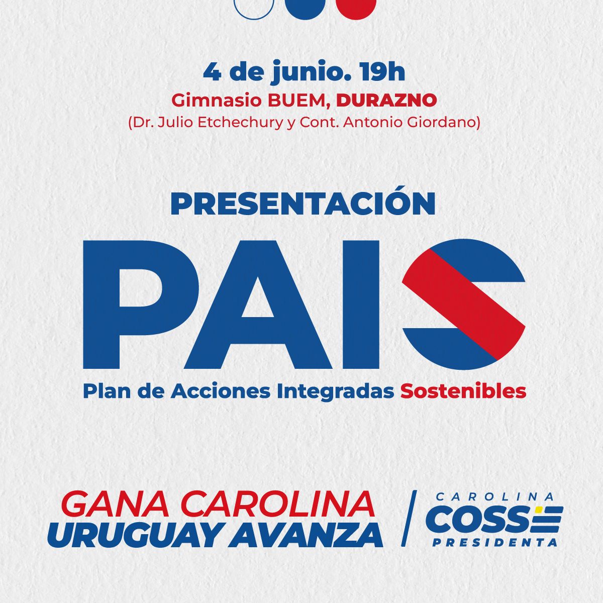 🔴🔵⚪️ 𝙋𝙇𝘼𝙉 𝘿𝙀 𝘼𝘾𝘾𝙄𝙊𝙉𝙀𝙎 Parte 2. 
Este próximo 4 de Junio , a las 19 horas en el Gimnasio BUEM de la ciudad de Durazno se presentará la 2da parte de el plan "PAIS" , Plan de Acciones Integradas Sostenibles. 

Arrimate! #UruguayAlFrente | #UruguayAvanza 🔴🔵⚪️🇺🇾