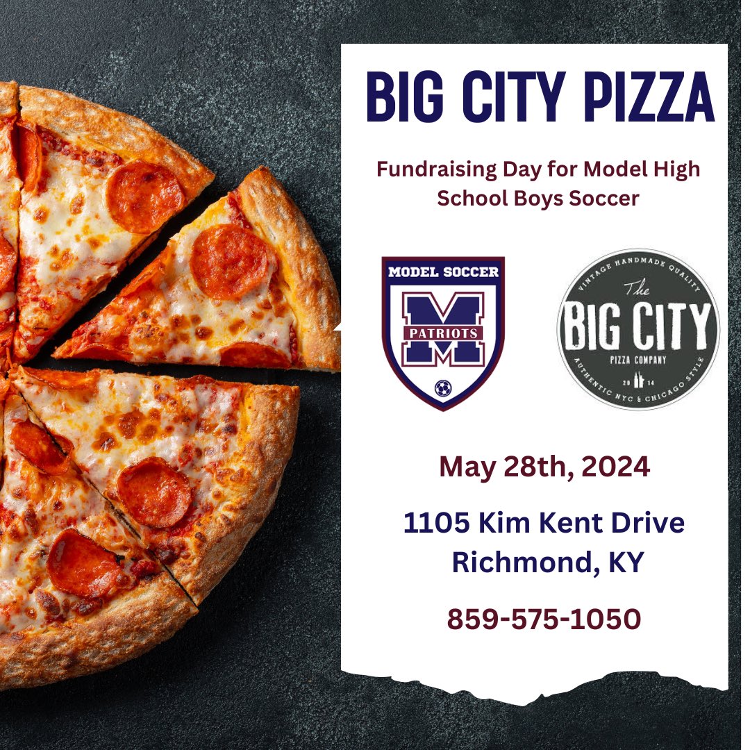 It’s PIZZA DAY 🍕

Big City Pizza is the place to go today as they’ve been kind enough to offer us a fundraising day once again this year. A percentage of today’s sales will be donated to our program. Get down to Big City today and grab some delicious pizza!! #ModelSoccer