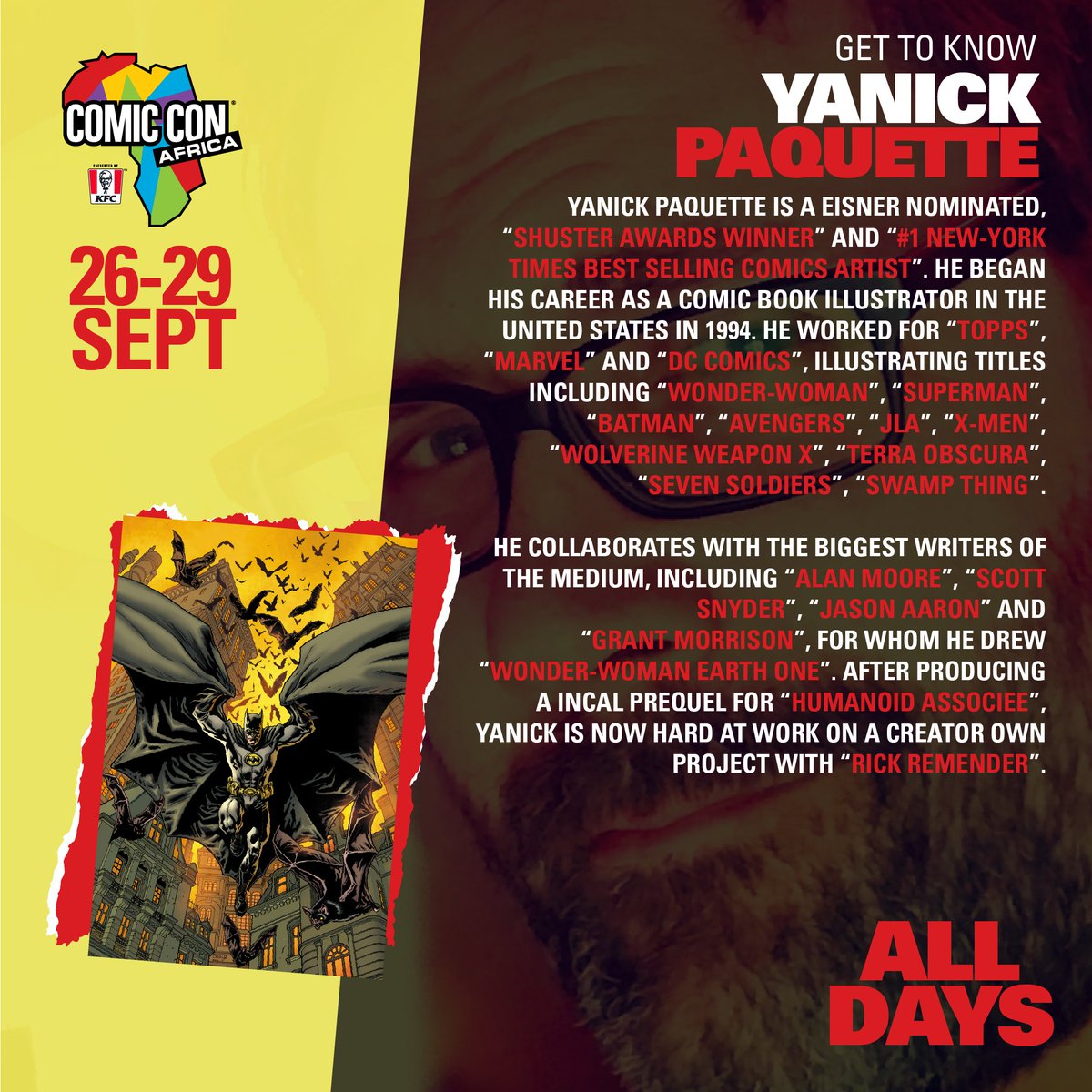 🚨GUEST ANNOUNCEMENT 🚨
Eisner Nominee Yanick Paquette joins ComicConAfrica! DC, Marvel artist (Wonder Woman, Superman, X-Men). #ComicConAfrica