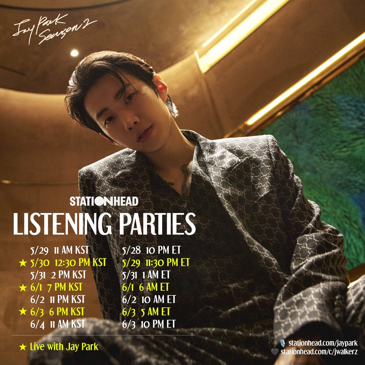 #JayPark_Season2 Stationhead Listening Party Schedule 🔴 LIVE WITH Jay Park 🗓️ 5/30 12:30PM KST 🗓️ 6/1 7PM KST 🗓️ 6/3 6PM KST 🎙️ stationhead.com/jaypark 🖤 stationhead.com/c/jwalkerz * @stationhead log-in & Connect to Spotify or Apple Music account required @JAYBUMAOM #박재범