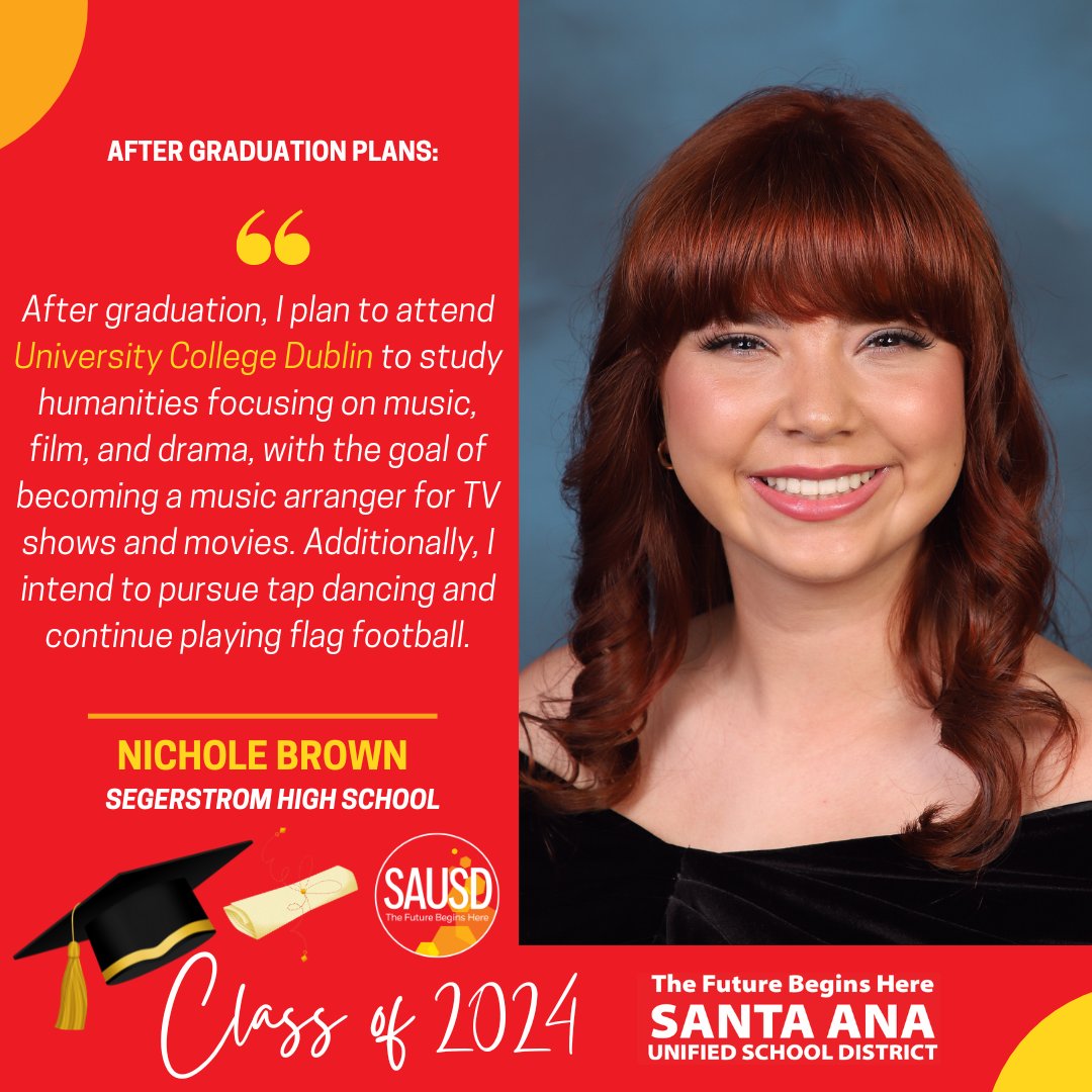 🎓Today's featured graduate is Nichole Brown from Segerstrom H.S., who is off to University College Dublin. Congratulations, Nichole! 🎉 Seniors, share your post-graduation plans with us: bit.ly/44ElY1F #WeAreSAUSD #SAUSDGraduateProfile #SAUSDClassof2024