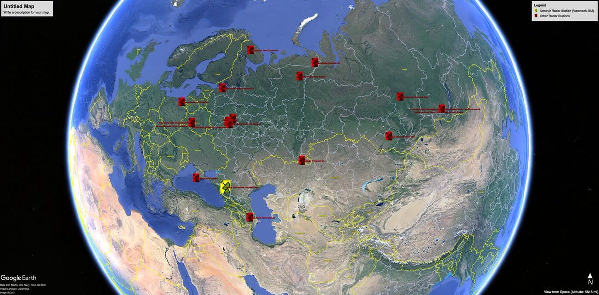 Location of Russian strategic defense radar installations, with Armavir highlighted in yellow. Credit: Google Earth, SIO, NOAA, U.S. Navy, NGA, GEBCO, Landsat / Copernicus, IBCAO