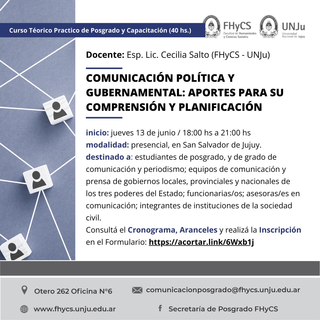 GabrielaPérezCarretta (@gperezcarretta) on Twitter photo 📢EL DATO del día: Curso Teórico – Práctico de Posgrado y Capacitación: “Comunicación Política y Gubernamental: aportes para su comprensión y planificación”
✔ Inscripciones en fhycs.unju.edu.ar/secretaria_pos…
<a href="/unjuonline/">Universidad Nacional de Jujuy</a> <a href="/CeSalto/">ceciliasalto</a> 📢EL DATO del día: Curso Teórico – Práctico de Posgrado y Capacitación: “Comunicación Política y Gubernamental: aportes para su comprensión y planificación”
✔ Inscripciones en fhycs.unju.edu.ar/secretaria_pos…
<a href="/unjuonline/">Universidad Nacional de Jujuy</a> <a href="/CeSalto/">ceciliasalto</a>
