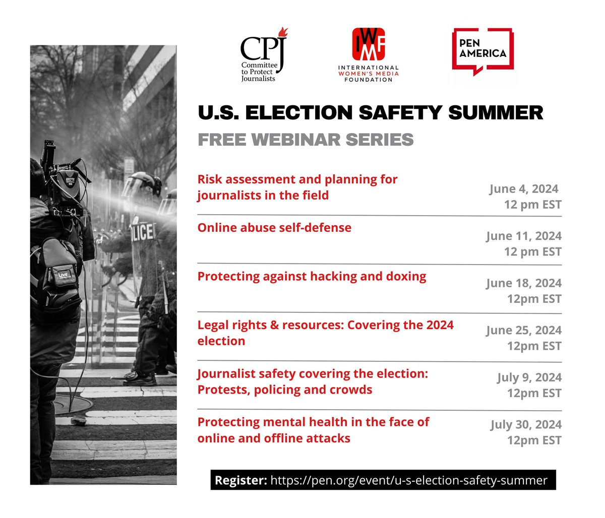 Are you a journalist covering the U.S. election? To learn how to protect yourself and others, tune into “U.S. Election Safety Summer,” a free webinar series from @PENamerica @pressfreedom & @IWMF. Select Tuesdays at 12pm ET this June & July. pen.org/event/u-s-elec…