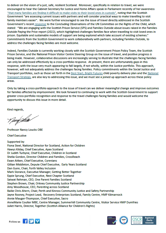 Families Outside (@familiesoutside) on Twitter photo We sent a joint letter to <a href="/AConstance23/">Angela Constance</a> <a href="/S_A_Somerville/">Shirley-Anne Somerville</a> and <a href="/FionaHyslop/">Fiona Hyslop</a> calling for urgent cross-portfolio recognition and response to the challenges facing families when travelling to visit loved ones in Scottish prisons. Read our letter here ow.ly/t3fp50RXOQJ We sent a joint letter to <a href="/AConstance23/">Angela Constance</a> <a href="/S_A_Somerville/">Shirley-Anne Somerville</a> and <a href="/FionaHyslop/">Fiona Hyslop</a> calling for urgent cross-portfolio recognition and response to the challenges facing families when travelling to visit loved ones in Scottish prisons. Read our letter here ow.ly/t3fp50RXOQJ