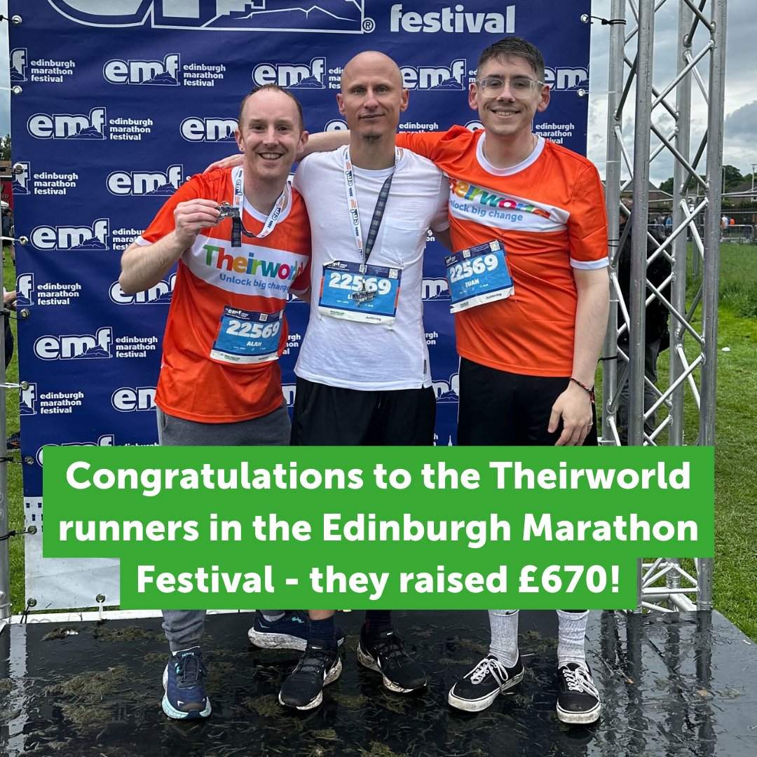 🏃‍♀️🏃‍♂️🎉Congratulations to those who ran for Team Theirworld in the @MrHairyHaggis (#EdinburghMarathon) this weekend. 📷: @TEFLOrg team (Alan, Lucas, Euan and Rory) who competed in the marathon relay. #fundraising #TeamTheirworld