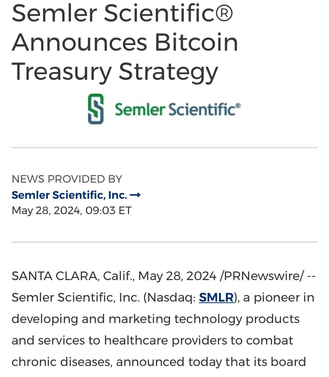 WatcherGuru's tweet image. JUST IN: Healthcare company Semler Scientific buys 581 #Bitcoin worth $40 million. 

The company has also adopted Bitcoin as its primary treasury reserve asset.