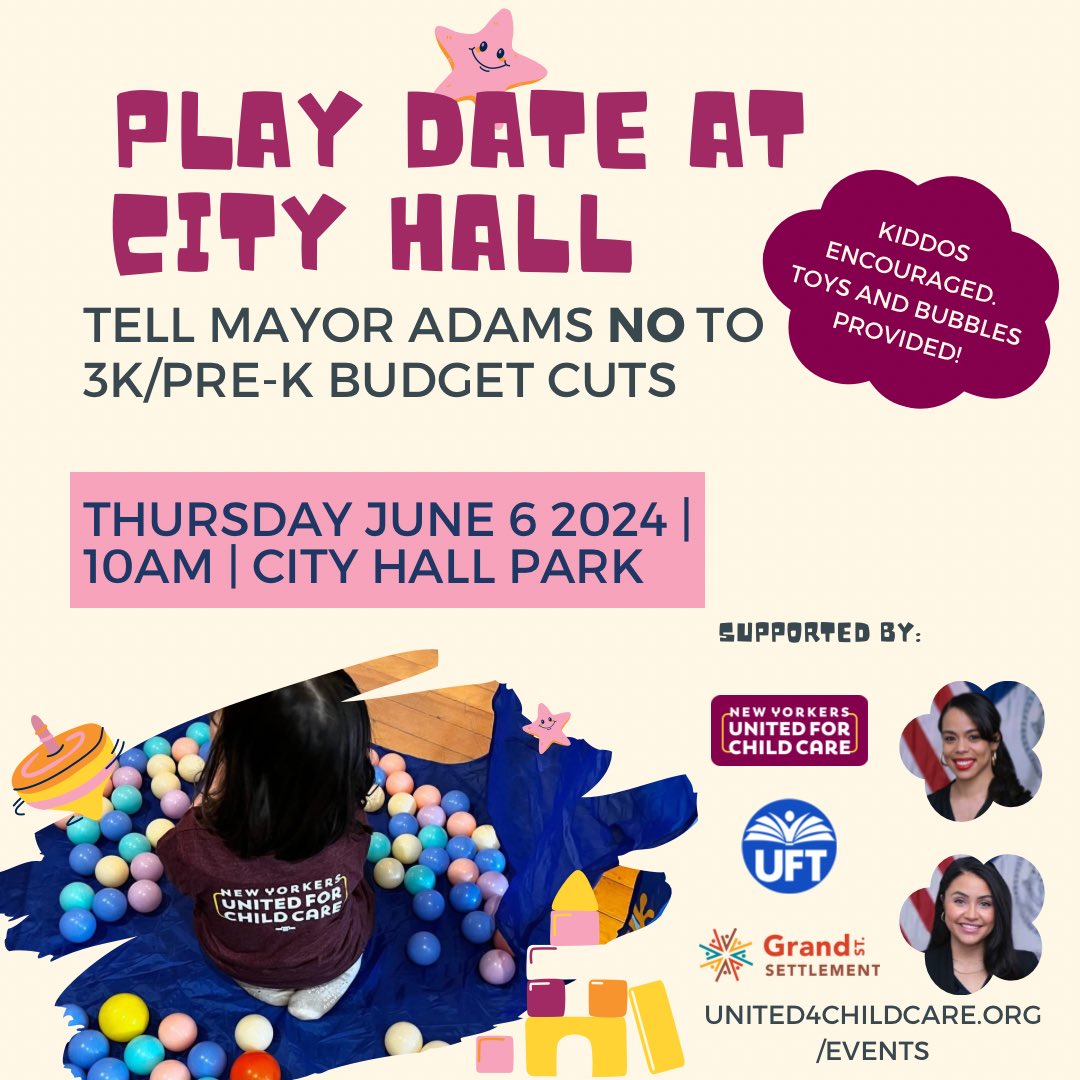 You shouldn’t have to be rich to raise a family in NYC! Join us: 10 am on Thursday, 6/6 at City Hall Park when we deliver thousands of petitions to the Mayor to protect and expand universal 3K and PreK. Rsvp: united4childcare.org/events