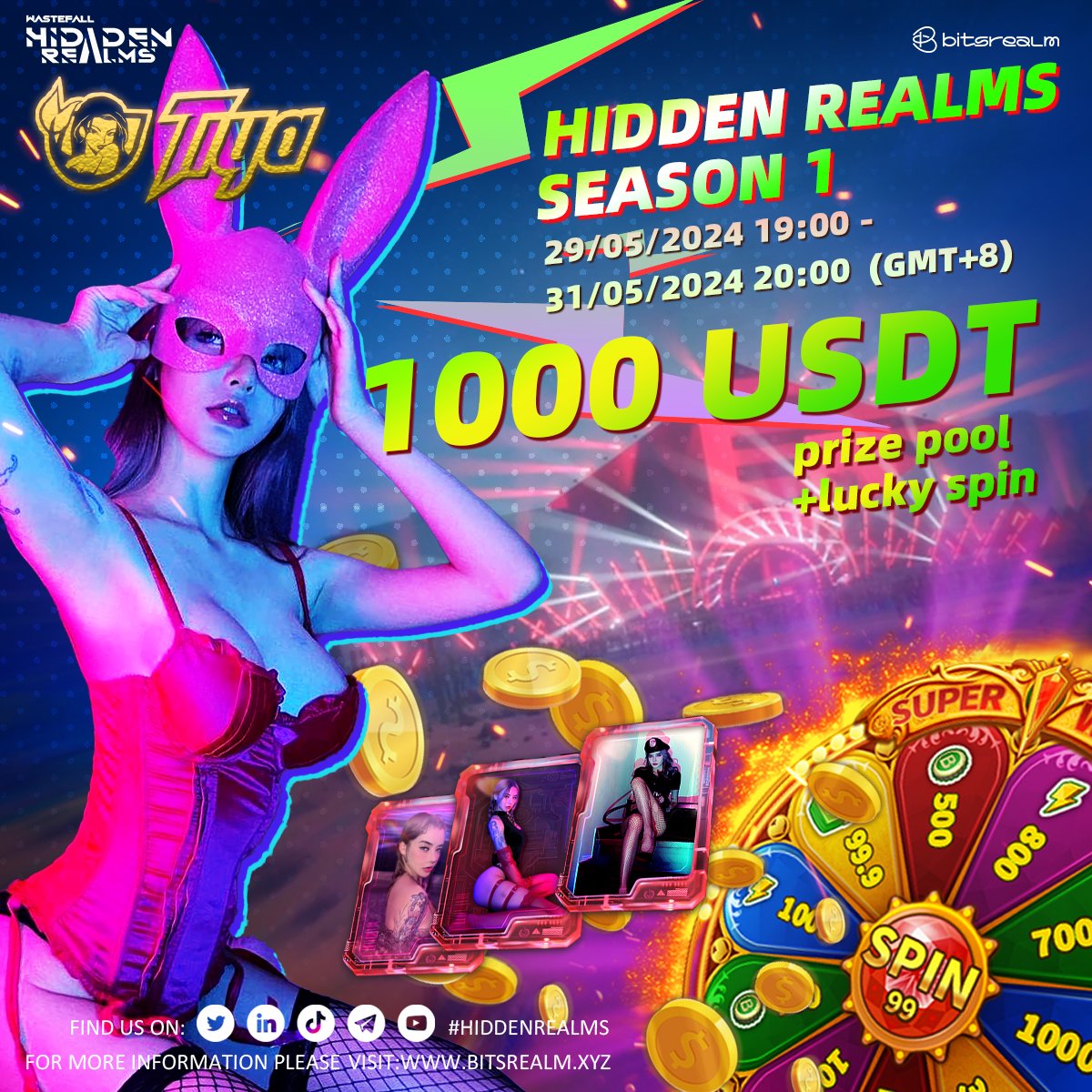 🎮Are you ready to grab this fascinating $1000 prize pool?  🌟With DJ shows and many exciting battles to compete for big prize

Hidden Realms first official tournament will be held from May 29th 19:00 to May 31st 20:00   See you in the game:  bitsrealm.xyz/activity?id=7

🩷Rt+likes