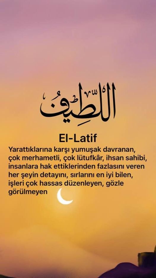 Selamun Aleykum Dostlar,

Allah'ın (cc) güzel isimlerinden biri olan 'El-Latif' ismi, 'Yarattıklarına karşı yumuşak davranan, çok merhametli, çok lütufkâr, ihsan sahibi, insanlara hak ettiklerinden fazlasını veren, her şeyin detayını, sırlarını en iyi bilen, işleri çok hassas