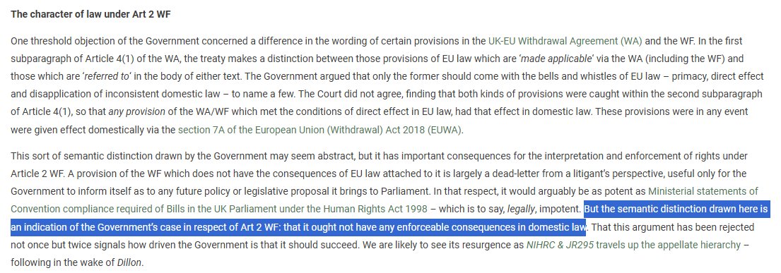 The UK Govt's efforts to present Art 2 of the Windsor Framework as not generating enforceable legal obligations is bizarre in the context of the measure - it can't be squared with the assurances given to NI at the time of Brexit: