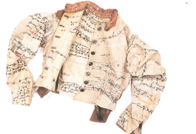 Linen jacket by Agnes Richter, a seamstress who was placed in a Heidelberg psychiatric hospital during the late 1800′s and who embroidered her life story onto the jacket as an attempt to regain her identity #WomensArt