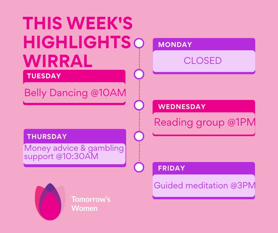 Happy Tuesday! We hope you had a fantastic bank holiday weekend! Here's this week's highlights of what we have going on - remember to check out our timetable for everything else we have going on 💗 #supportforwomen #whatsonwirral #whatsonchester #tomorrowswomen
