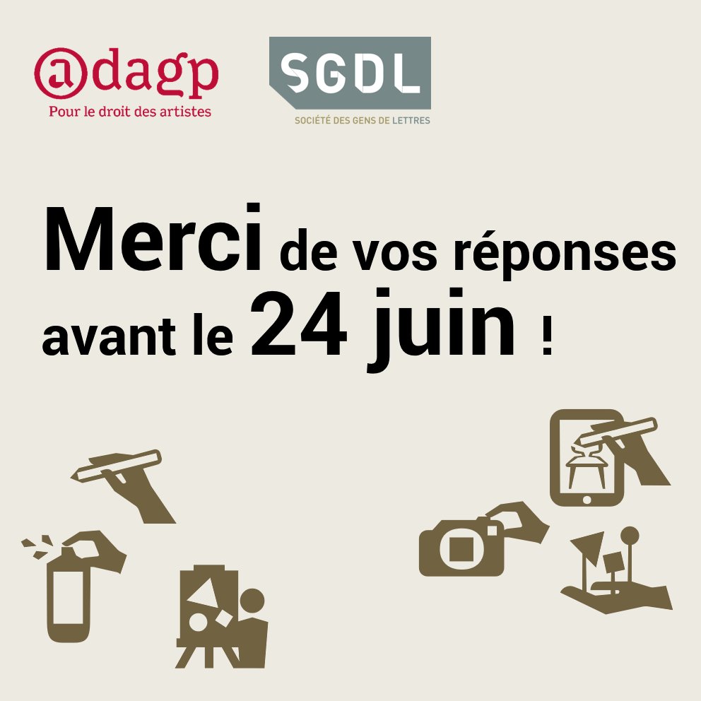 [ENQUÊTE] Observatoire #ADAGP x <a href="/SGDLAuteurs/">Société des Gens de Lettres</a> sur les #IA génératives 🗳️
📣 Après l’Observatoire des rémunérations paru en 2023, l’ADAGP et la SGDL lancent en 2024 une enquête pour mesurer l’impact des intelligences artificielles (IA) génératives sur l’activité et les revenus des