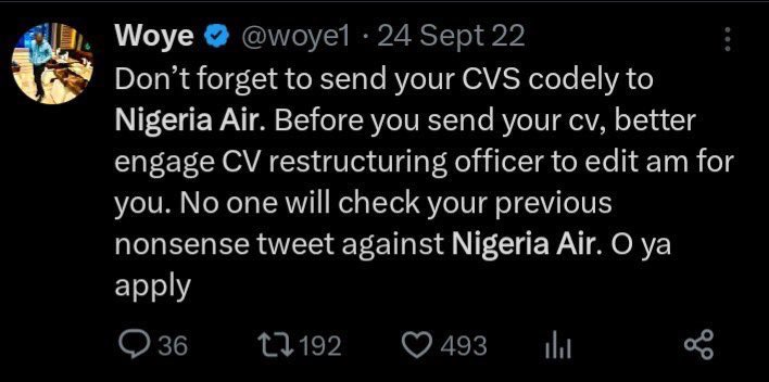 Nigeria Air is still hiring Don’t forget to send your CV ‘codely’ today! 🤡