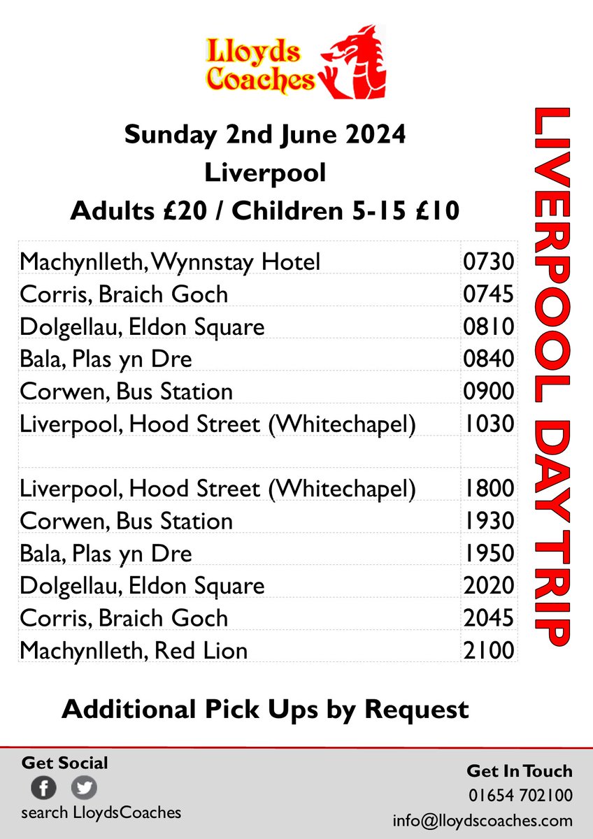 DAN'S DAY TRIPS - LIVERPOOL SUNDAY 2ND JUNE Call 01654 702100 and ask for Dan King to reserve your seat Pay the driver in Cash on the day