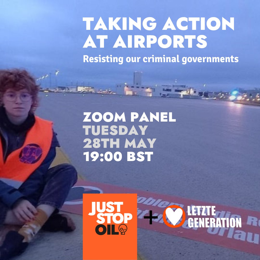 💻 ZOOM: Taking Action at Airports with Letzte Generation 🔥 Last Saturday, 8 people from @AufstandLastGen blocked flights from Munich Airport by sitting on the runway. 🚨 Join a call TONIGHT, 7pm, to hear from those who took action. Register here: us02web.zoom.us/meeting/regist…