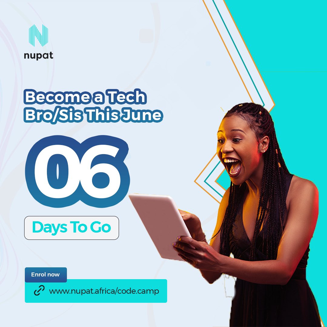 NupatOfficial's tweet photo. We are officially six days away from our next cohort!!!

Are you ready for a remarkable journey of innovation and adventurous learning? 

Sign up today to get started 👉 https://t.co/rGUAAkPat3

#nupat #codecamp #tech https://t.co/m40Jgo77Bc