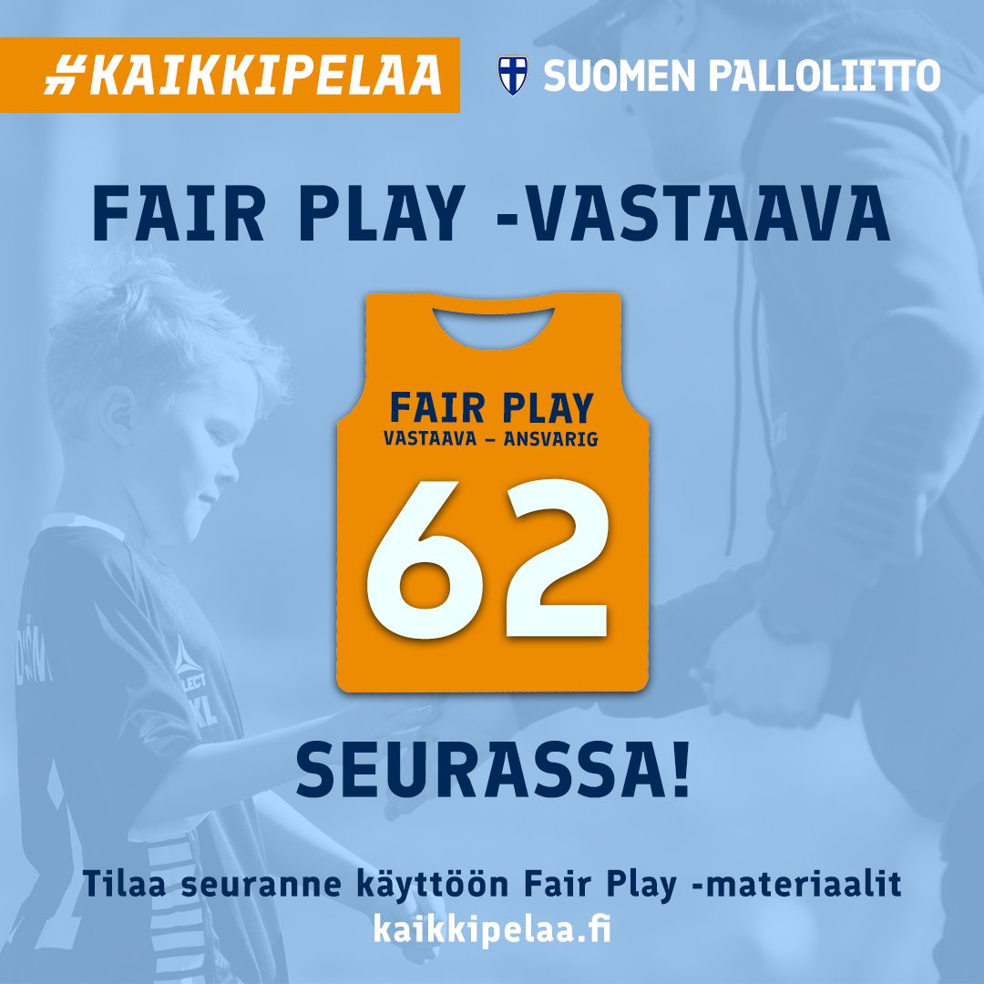 Palloliitto's tweet photo. Jo 62 seurassa hyvää ilmapiiriä turvaa Fair Play -vastaava! 💙 Yhteensä seuroihin on tilattu tähän mennessä 1000 Fair Play -liiviä. Onko teidän seuranne jo mukana?
➡️ Lue lisää: https://t.co/PJXHQDgQ6k
#KaikkiPelaa #FairPlay #ReiluPeli #RentSpel https://t.co/TUv5mGcABc