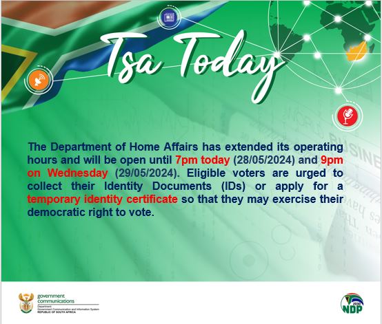 Home Affairs has extended its operating hours and will be open until 7pm (28/05/2024) and 9pm on  (29/05/2024). Eligible voters are urged to collect their IDs or apply for a temporary identity certificate so that they may exercise their democratic right to vote. #SAElections24