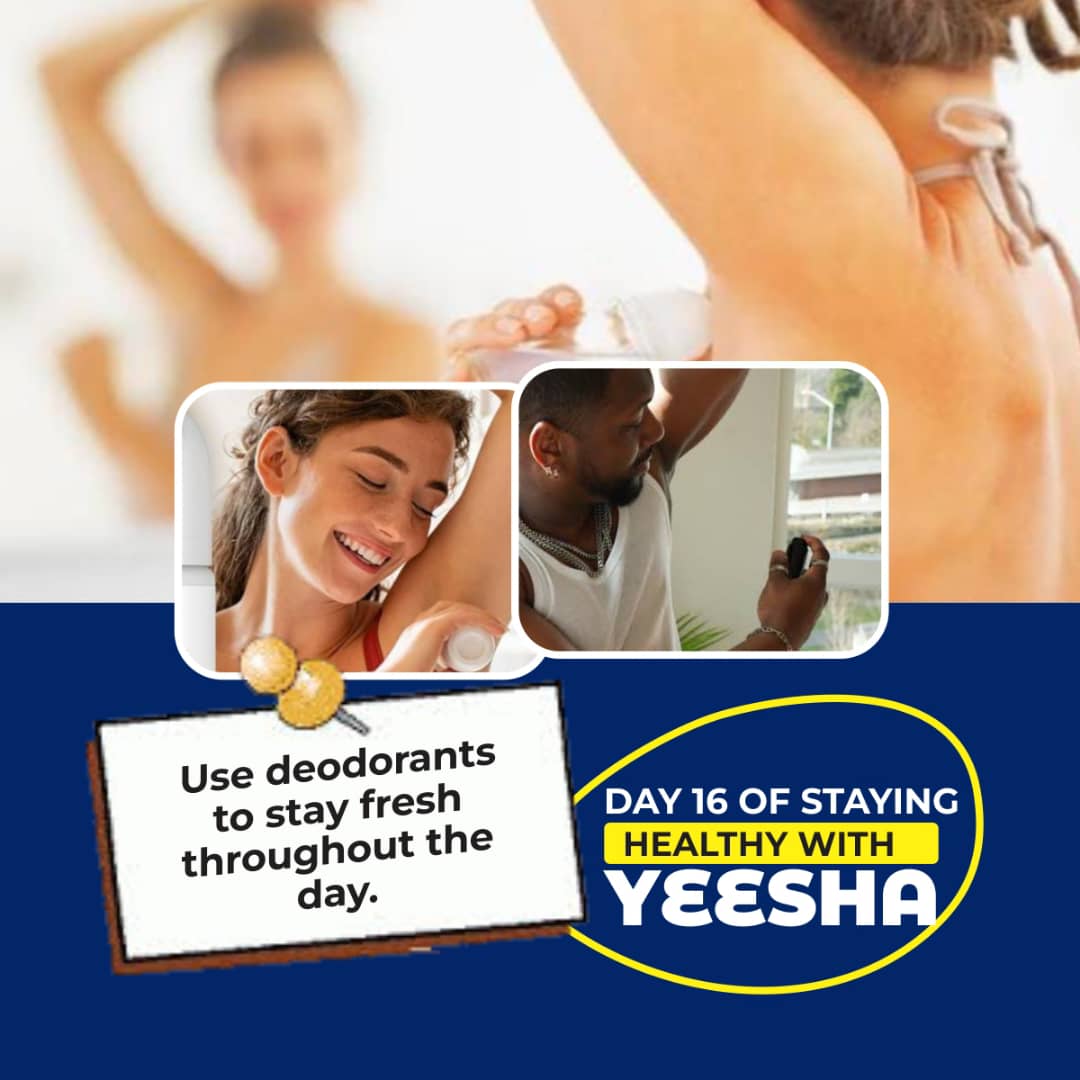 Good day Unilorites💪🏾 Day 16 of Staying Healthy with YEESHA #16:USE DEODORANTS. Deodorants offer several benefits beyond just keeping you smelling fresh. They help reduce sweat and mask body odor by killing bacteria that thrive in moist environments. YEESHA.