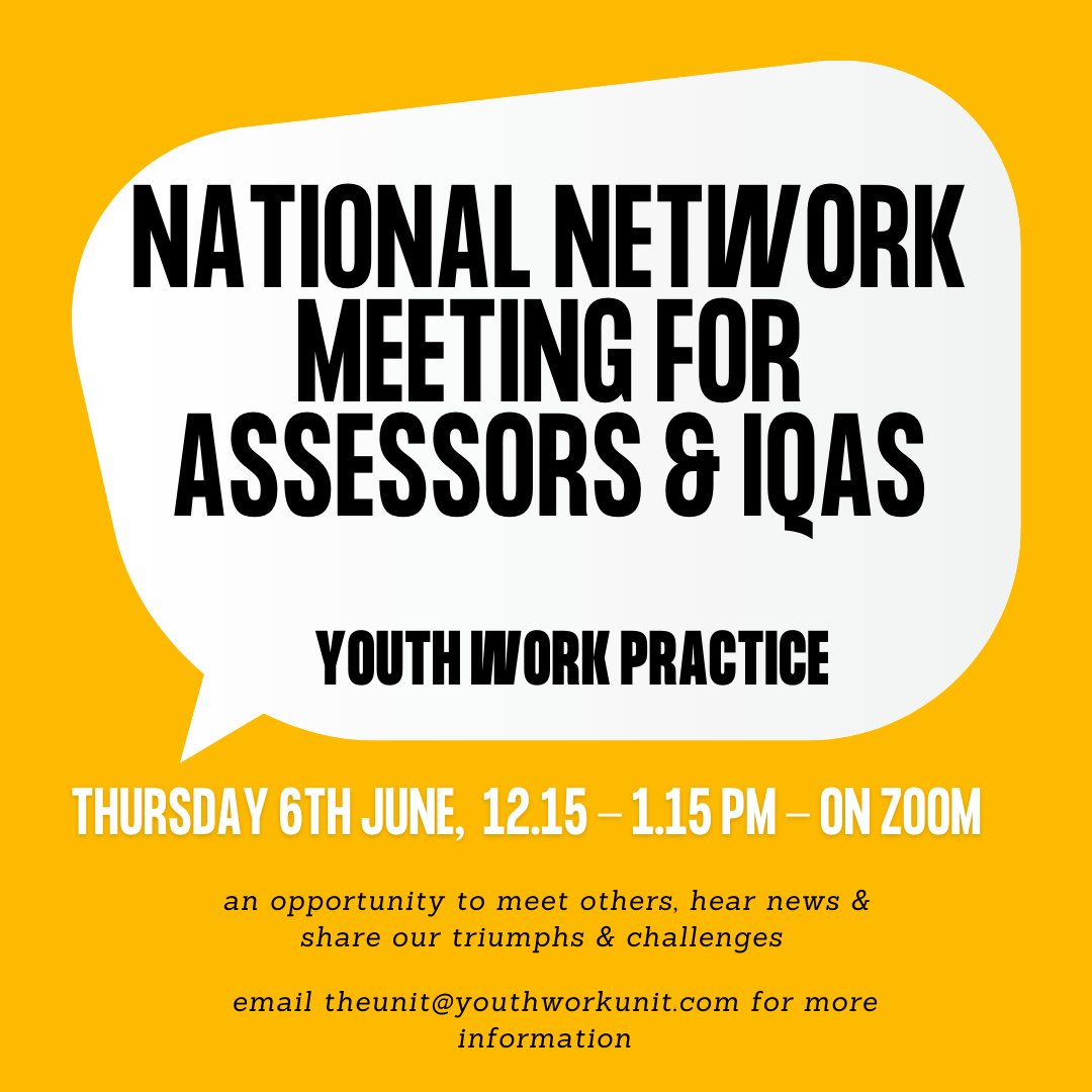 Come along to the National Network meeting for assessors & IQAS on the 6th June - it's a great opportunity to meet others, hear news, and share triumphs and challenges and everyone is welcome.

#youthwork #youthworkers