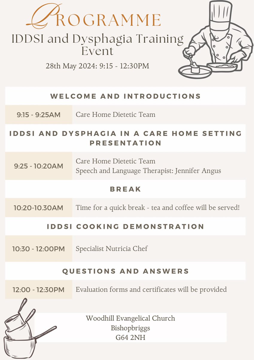 Today is day 1 of our Care Home Dietitians IDDSI and Dysphagia training event, alongside our SLT colleagues and a Specialist Nutricia Chef 🧑🏼‍🍳

The first training session is at Woodhill Evangelical Church this morning and here is the programme!