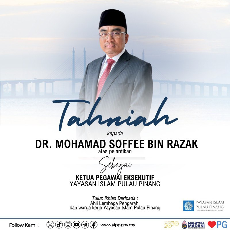yipp_My's tweet photo. Tahniah dan selamat datang kepada YBrs. Dr. Mohamad Sofee bin Razak atas pelantikan sebagai Ketua Pegawai Eksekutif Yayasan Islam Pulau Pinang 
Semoga pelantikan ini dapat memberi nafas baharu dalam meningkatkan prestasi YIPP. 

Selamat Bertugas!
 
#PemangkinPembangunanUmmah https://t.co/JW7qURd2nA