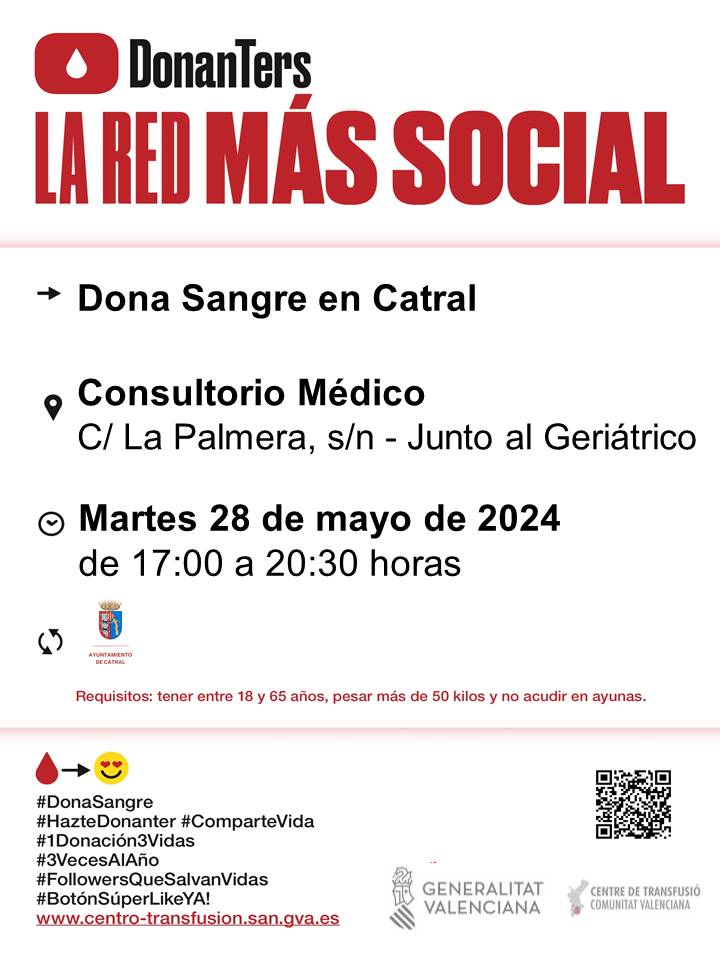 Dona sang en #Catral
📆Dimarts #28mayo

Donar sang de manera regular garantix la disponibilitat de components sanguinis als hospitals.

#DonaSang, uneix-te a #LaFàbricaDeLaVida❤