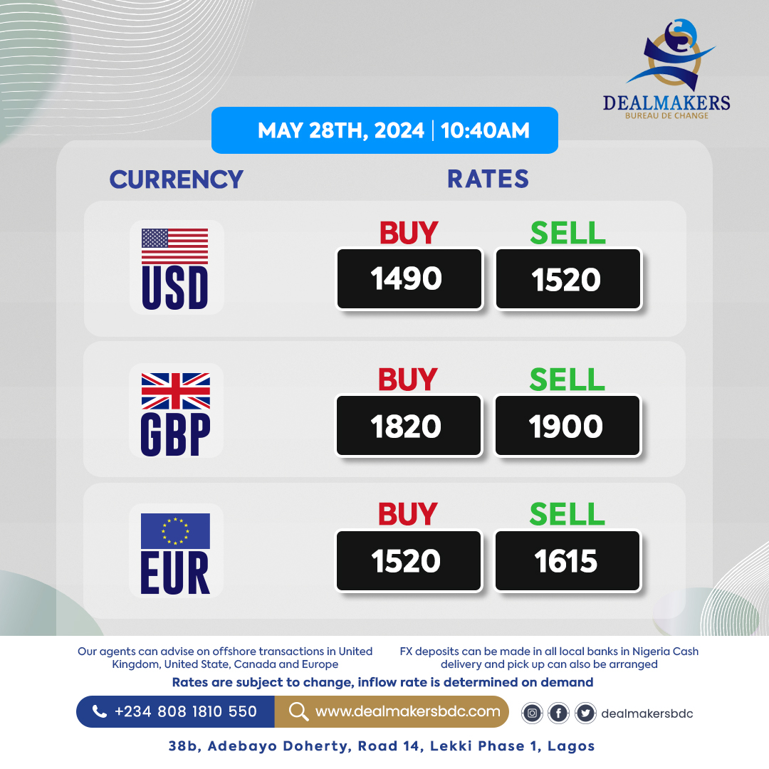 May, 28th 2024.
⏱ 10:40AM
Office: 38b, Adebayo Doherty, Lekki Phase 1, Lagos.

Ps: Rates are subject to change at any moment.

For more info,
☎ +2349139378392

#dealmakersbdc #bdc #lagos #lekki #nigeria #cash #oilandgas #abokifx #todaysrate #dollar #euro #pound #naira