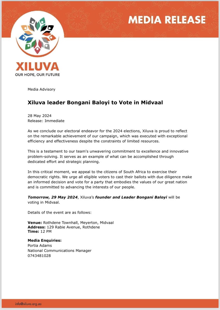 Media release for 28 May 2024 @Xiluva_Official #VoteXiluva #BonganiBaloyi #OurHopeOurFuture #Elections2024🇿🇦