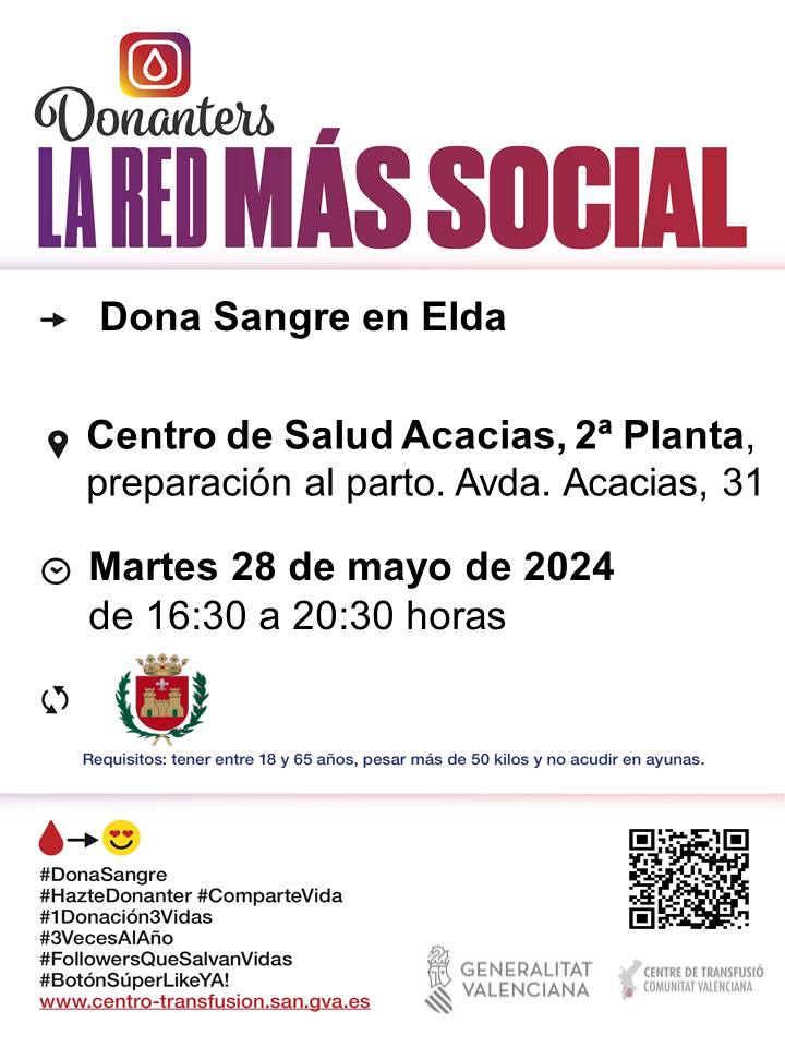 Dona sang en #Elda 
📆Dimarts #28mayo 

Donar sang de manera regular garantix la disponibilitat de components sanguinis als hospitals.

#DonaSang, uneix-te a #LaFàbricaDeLaVida❤