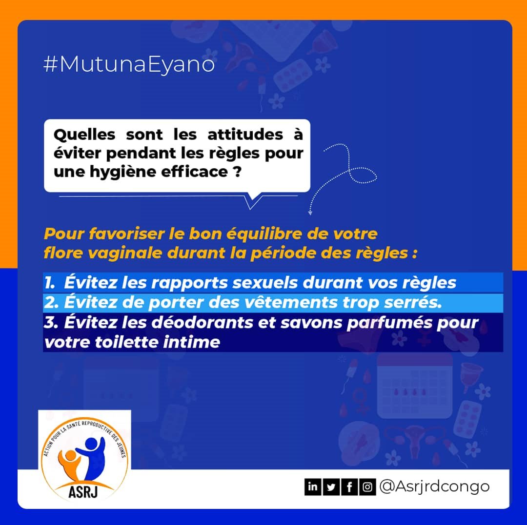 Asrjrdcongo's tweet image. A l'occasion de la journée internationale de l'hygiène menstruelle,@Asrjrdcongo vous rappelle quelques #attitudes à #éviter pendant les #règles.

Connaissez-vous d'autres attitudes à éviter ? Nous aimerions vous lire dans les commentaires.

@IpasRDC @msi_rdc @hesperianappli
