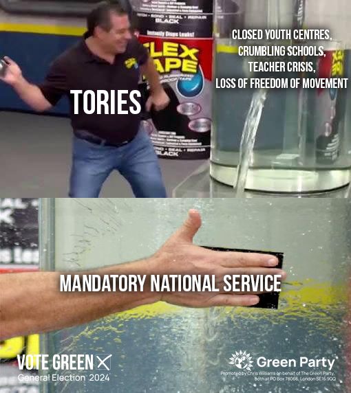 🤯 The Tories want to introduce compulsory national service for 18-year-olds to 'build a stronger national culture.' 🤔 How about fixing crumbling schools, treating teachers with respect and funding youth services properly? 💚 Vote Green on 4 July for real hope and real change.