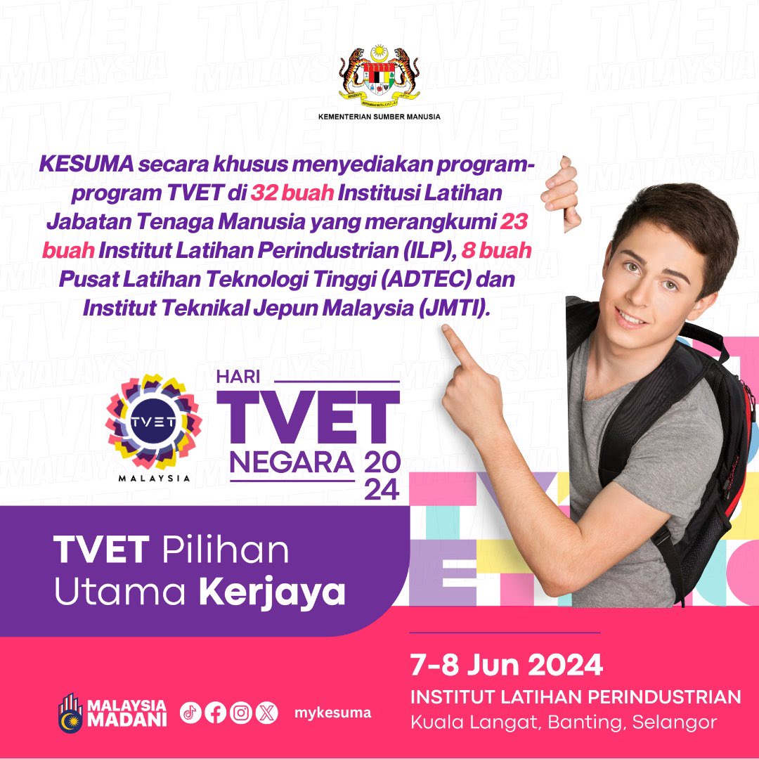 Tahukah anda bahawa KESUMA ialah salah sebuah Kementerian yang terlibat secara khusus dalam program-program TVET 🤩 

#kementeriansumbermanusia 
#MalaysiaMadani