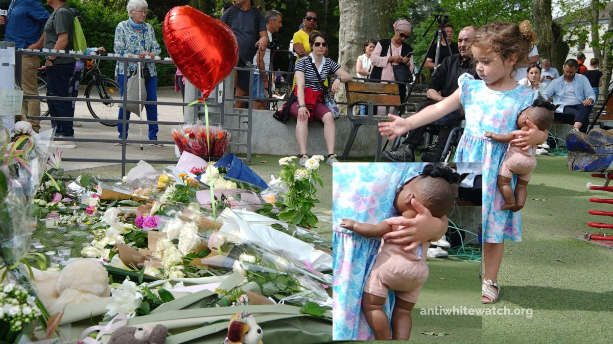 AntiWhiteWatch1's tweet photo. At a memorial to the victims of the #Annacy stabbing committed by a Syrian criminal migrant, a little French girl is seen holding an African doll. Its so sad how pervasive #replacism has become in society. #GreatReplacement https://t.co/quDcrNbABy