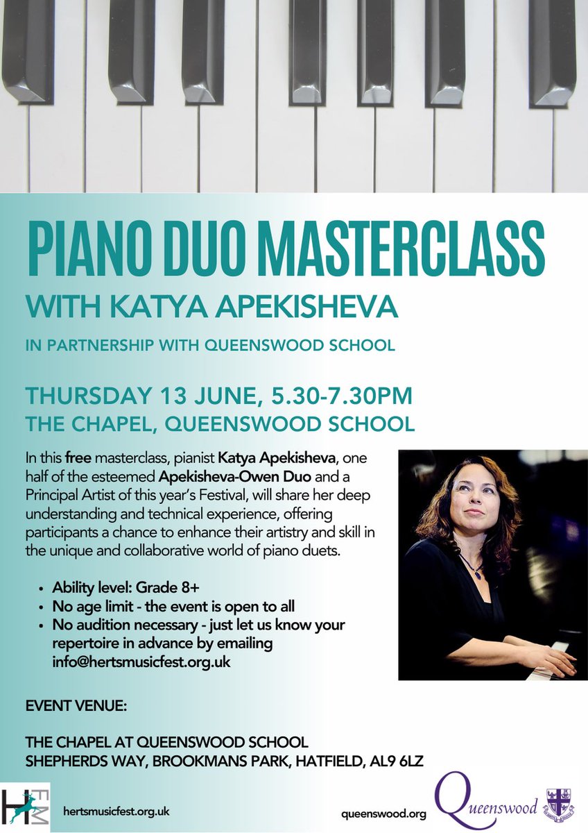 Calling #pianists! 🎹🎹🎹 **Free** piano duets #masterclass with Katya Apekisheva @KatyaApekisheva Thursday 13 June @QueenswoodSch Ability level: Grade 8+ No age limit & no audition - just let us know your repertoire